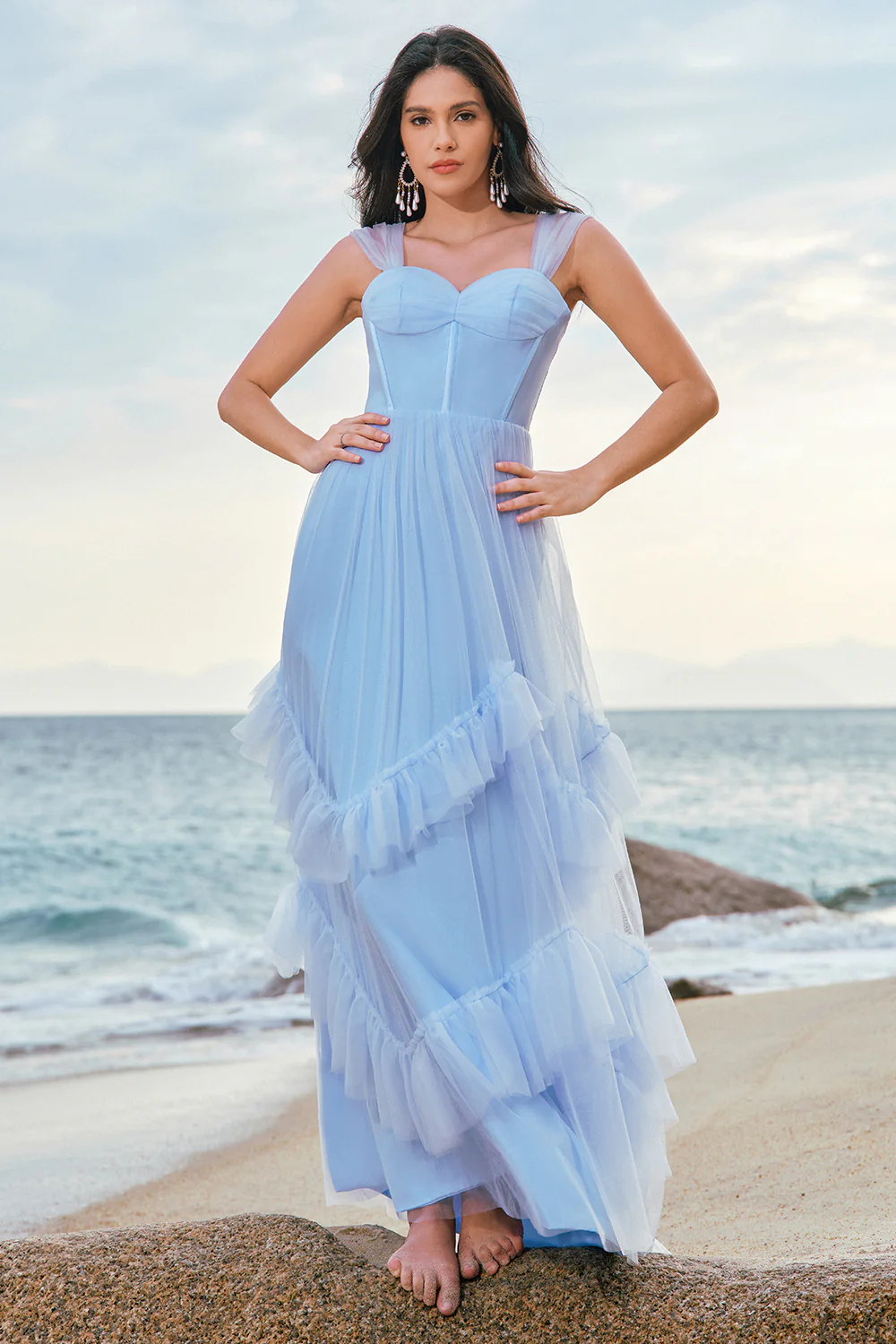 Grey Blue Corset Tulle Ruffled Long Bridesmaid Dress - JUORTHO