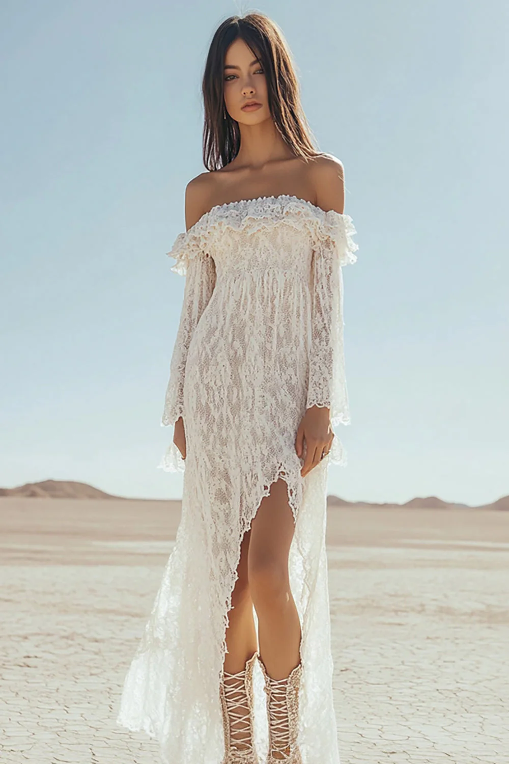 White Lace Off The Shoulder Boho Maxi Dress with Long Sleeves - JUORTHO