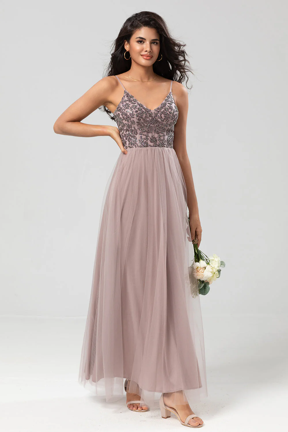 Chic Romantic A Line Spaghetti Straps Dusty Blue Long Bridesmaid Dress with Beading - JUORTHO