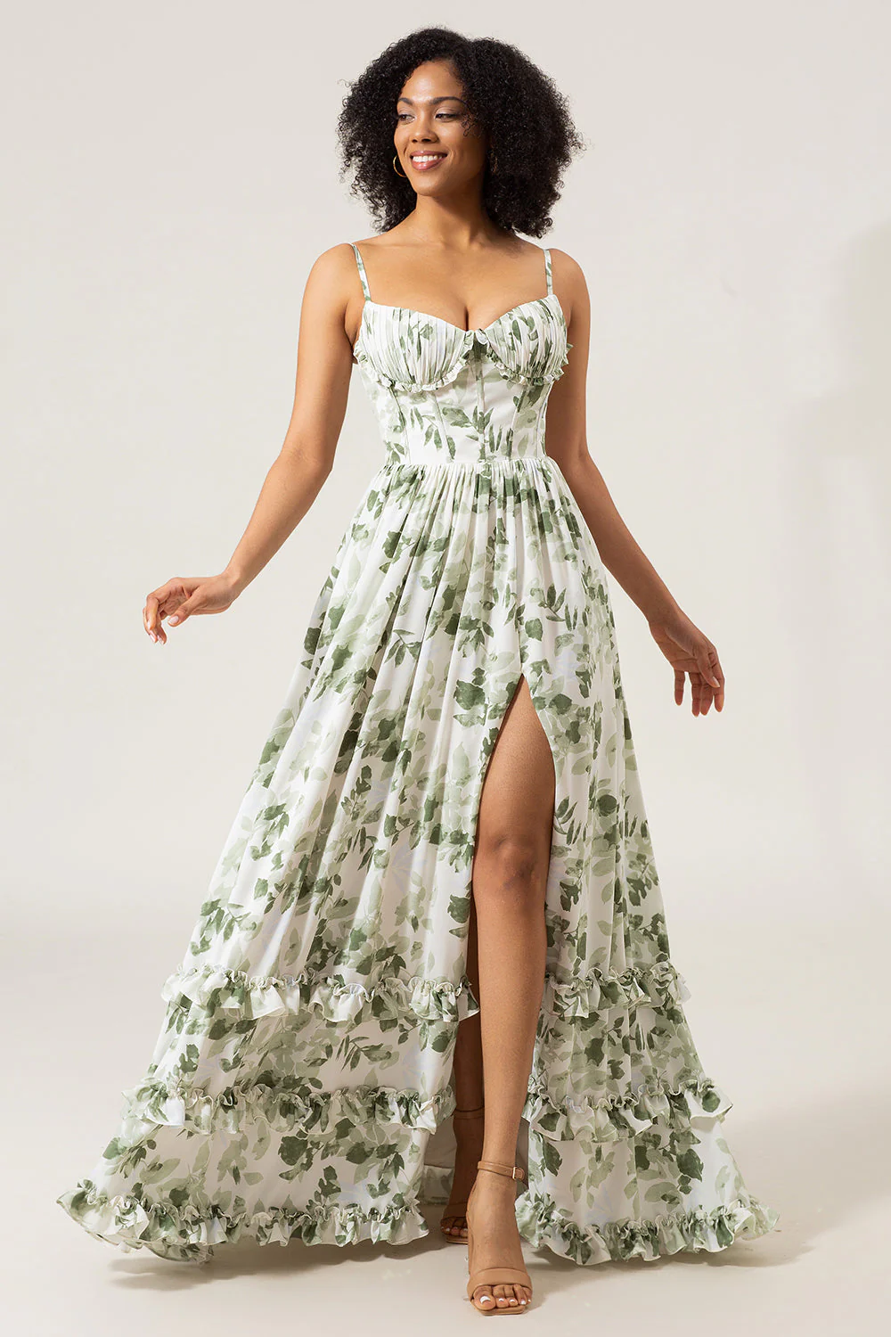 A-Line Spaghetti Straps Green Printed Long Prom Dress With Slit - JUORTHO