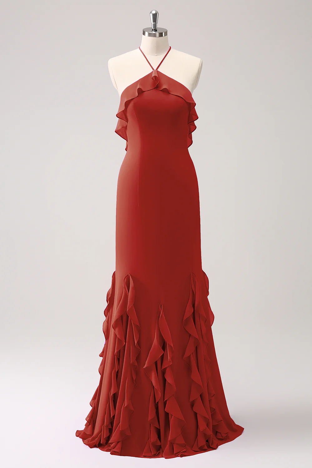 Tahiti Mermaid Halter Chiffon Long Bridesmaid Dress with Ruffles - JUORTHO