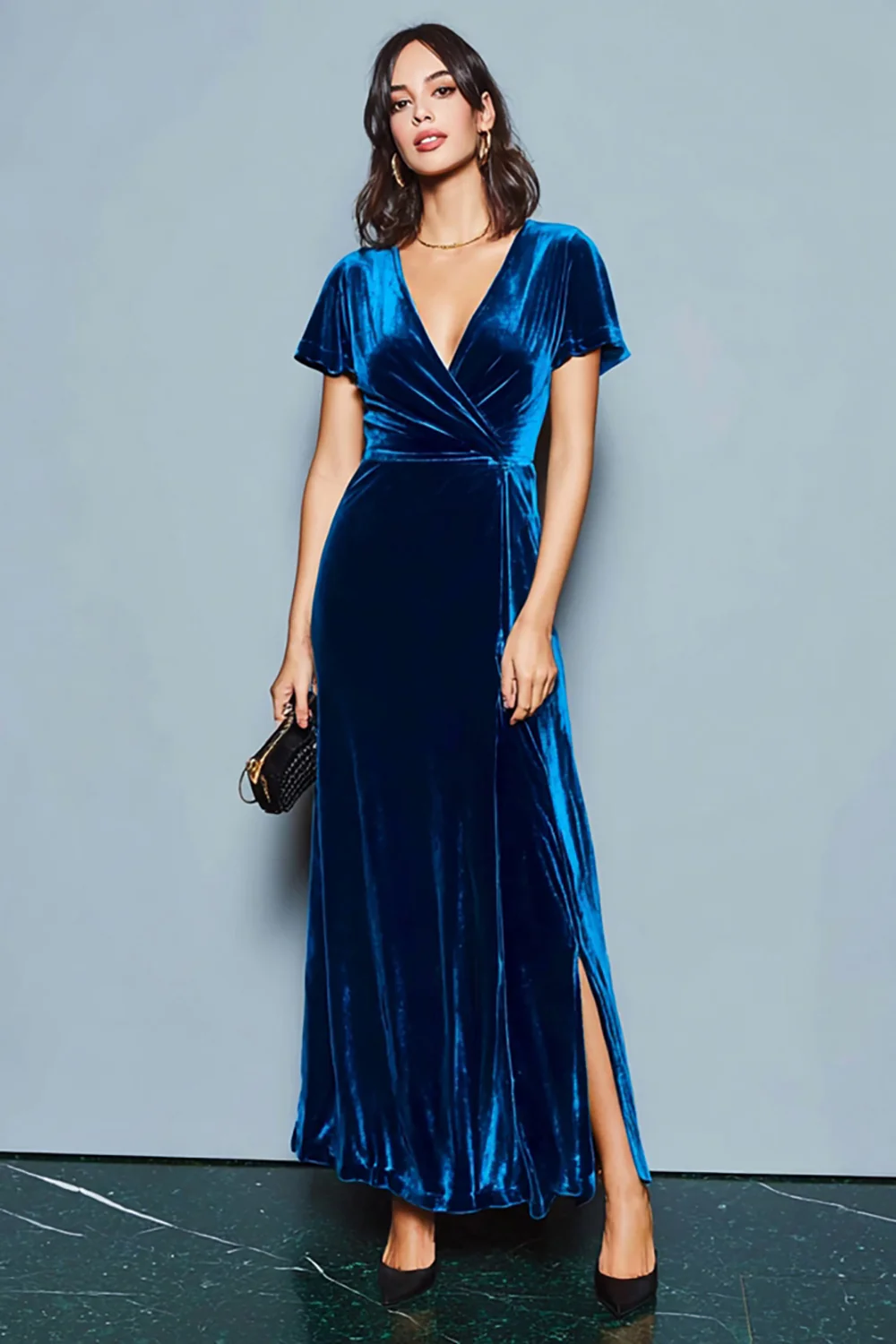 Dark Blue Velvet V-Neck Long Holiday Party Dress with Slit - JUORTHO