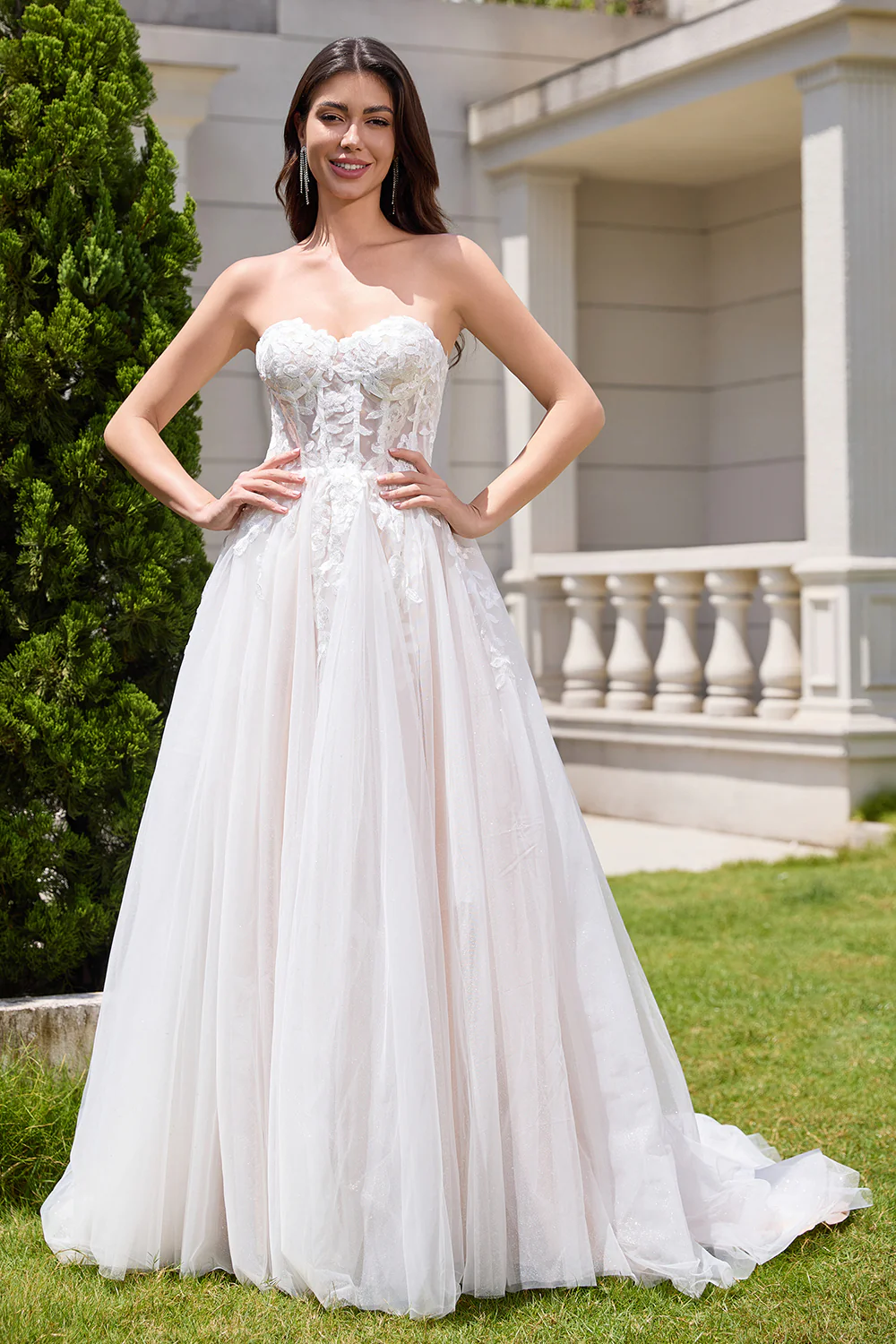 White A Line Strapless Sparkly Wedding Dress with Applique Lace - JUORTHO