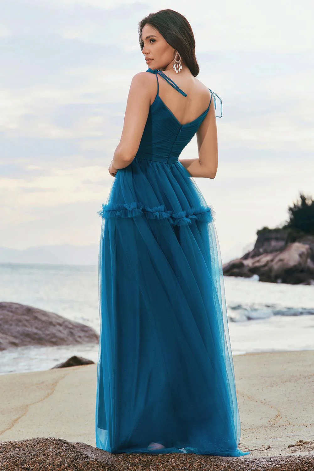 Dark Blue A-Line Spaghetti Straps Pleated Long Bridesmaid Dress - JUORTHO