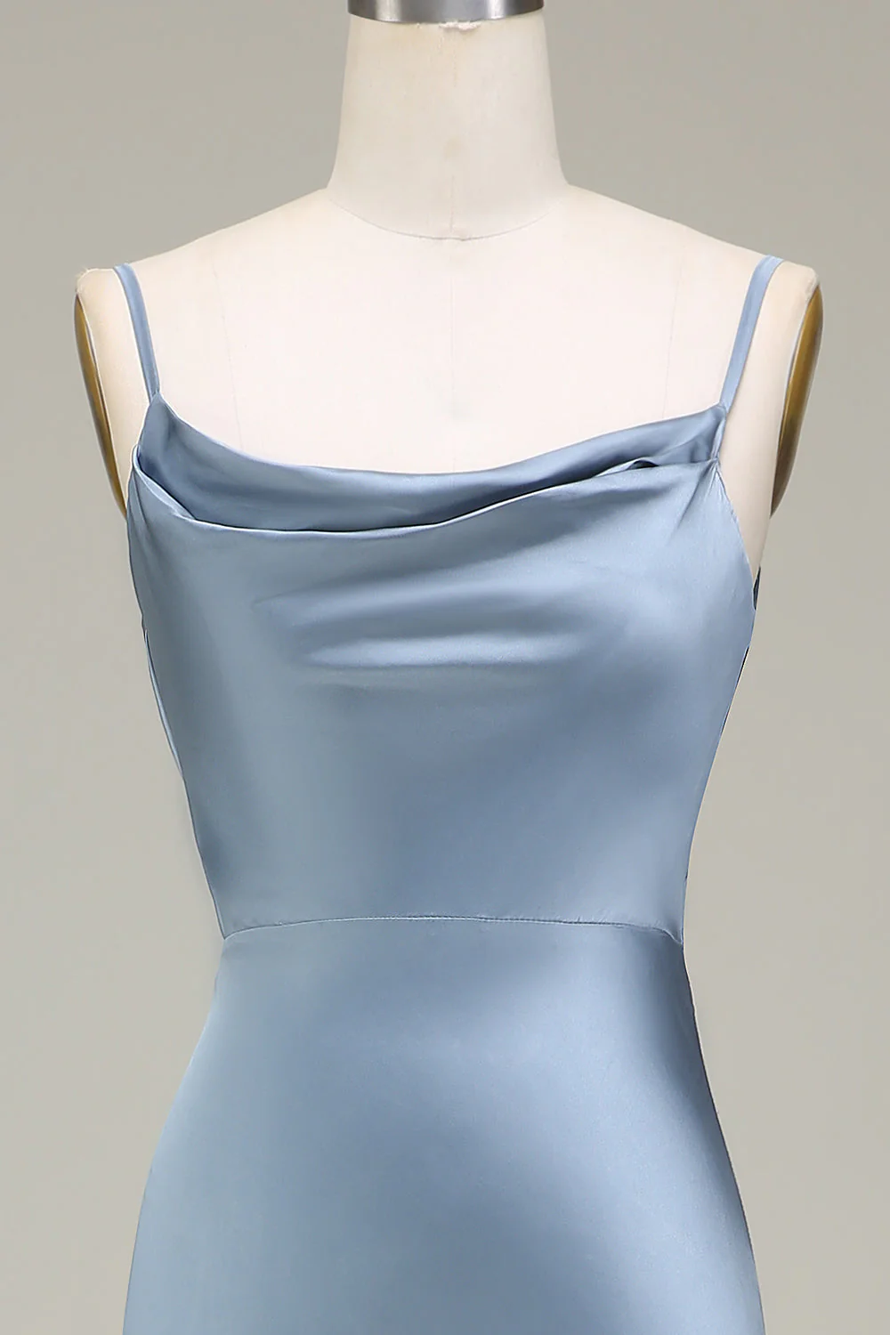 Dusty Blue Sheath Spaghetti Straps Satin Long Bridesmaid Dress - JUORTHO
