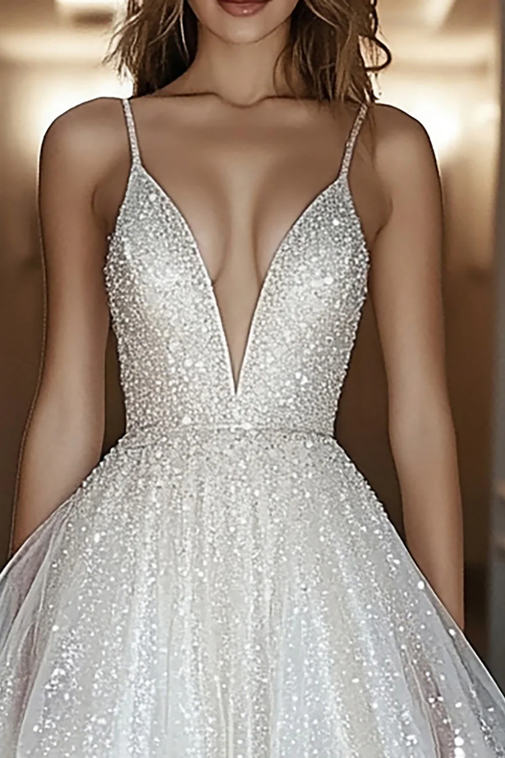 Ivory Sequins Short Deep V Neck A Line Graduation Dress - JUORTHO