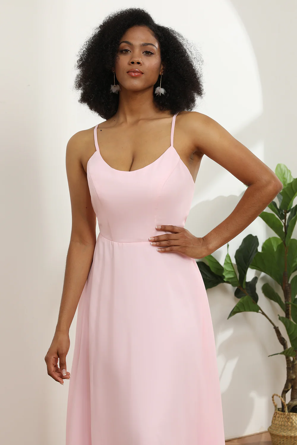 Spaghetti Straps Pink Chiffon Bridesmaid Dress with Pocket - JUORTHO
