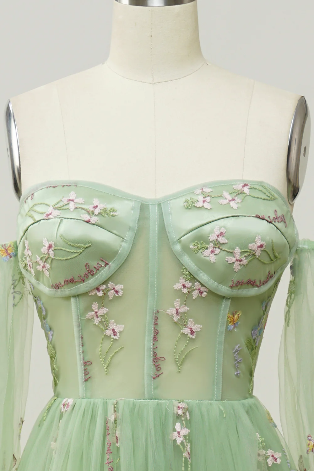 Green Off Shoulder Floral Long Prom Dress - JUORTHO