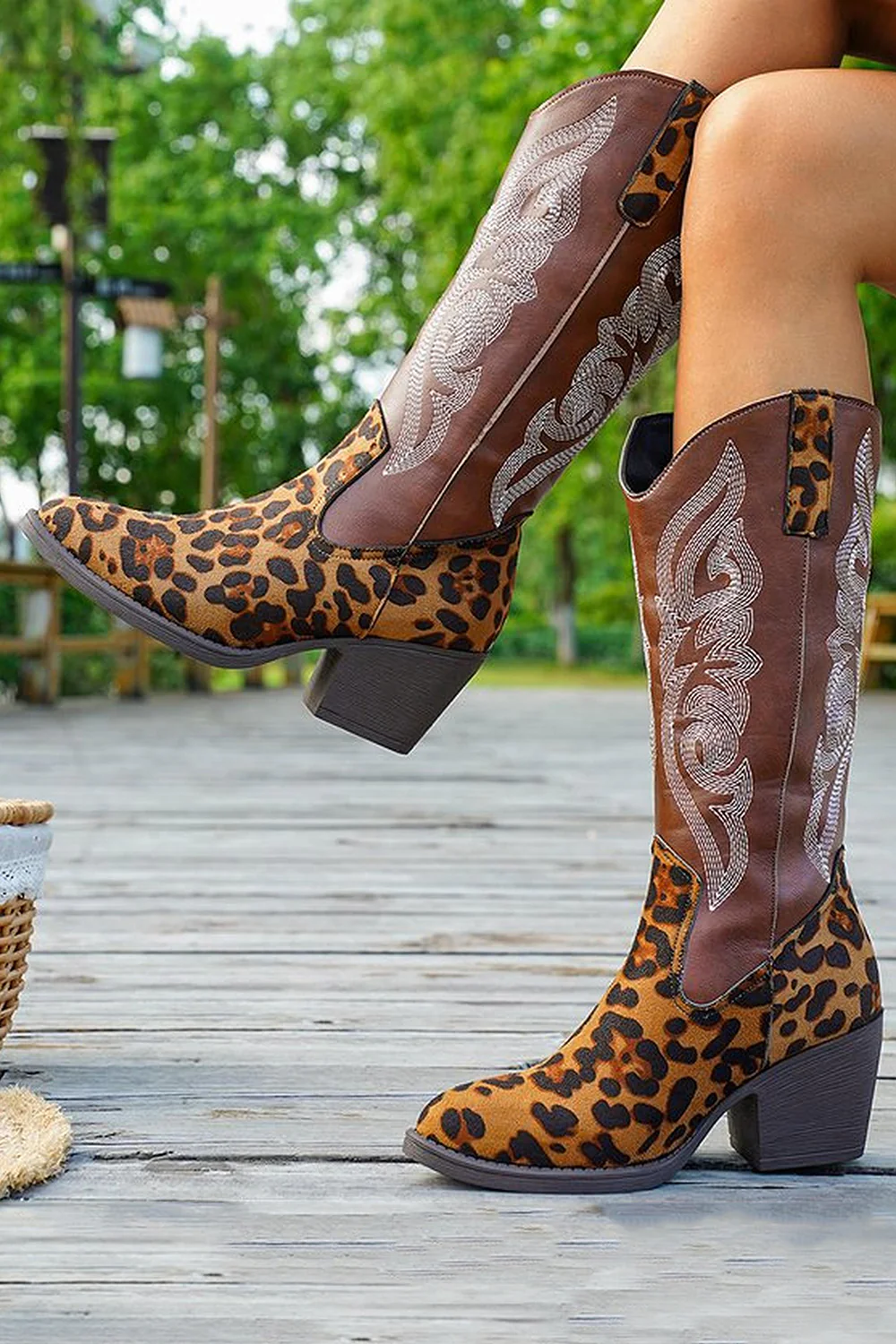 Brown Leopard Wide Calf Western Cowgirl Pointed Toe Chunky Heel Boots - JUORTHO