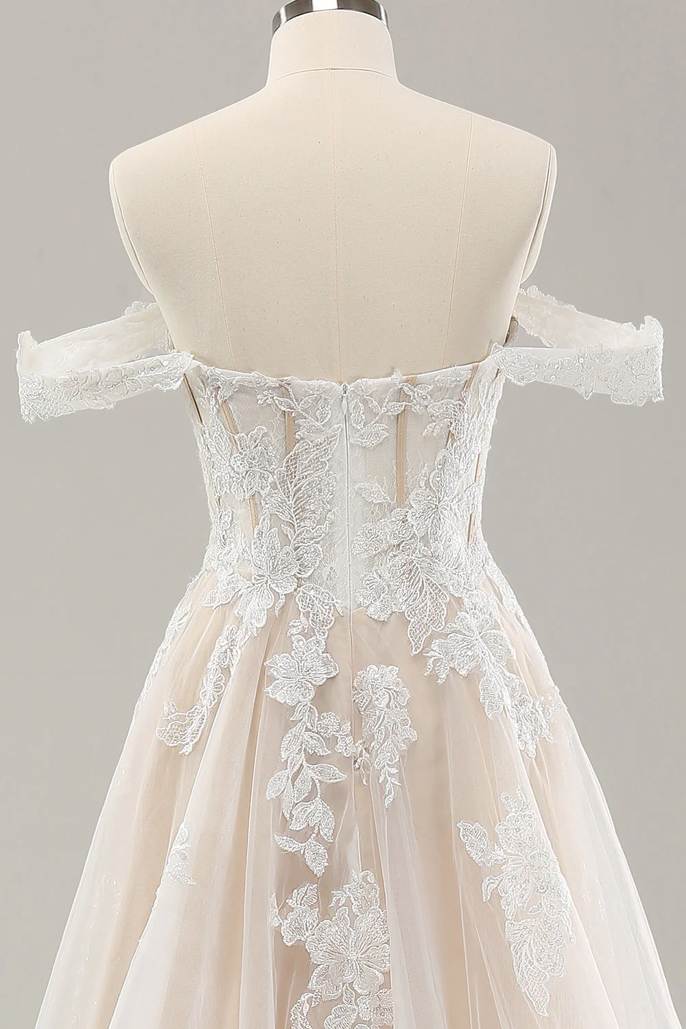 Princess White Off the Shoulder Applique Tulle Wedding Dress with Slit - JUORTHO