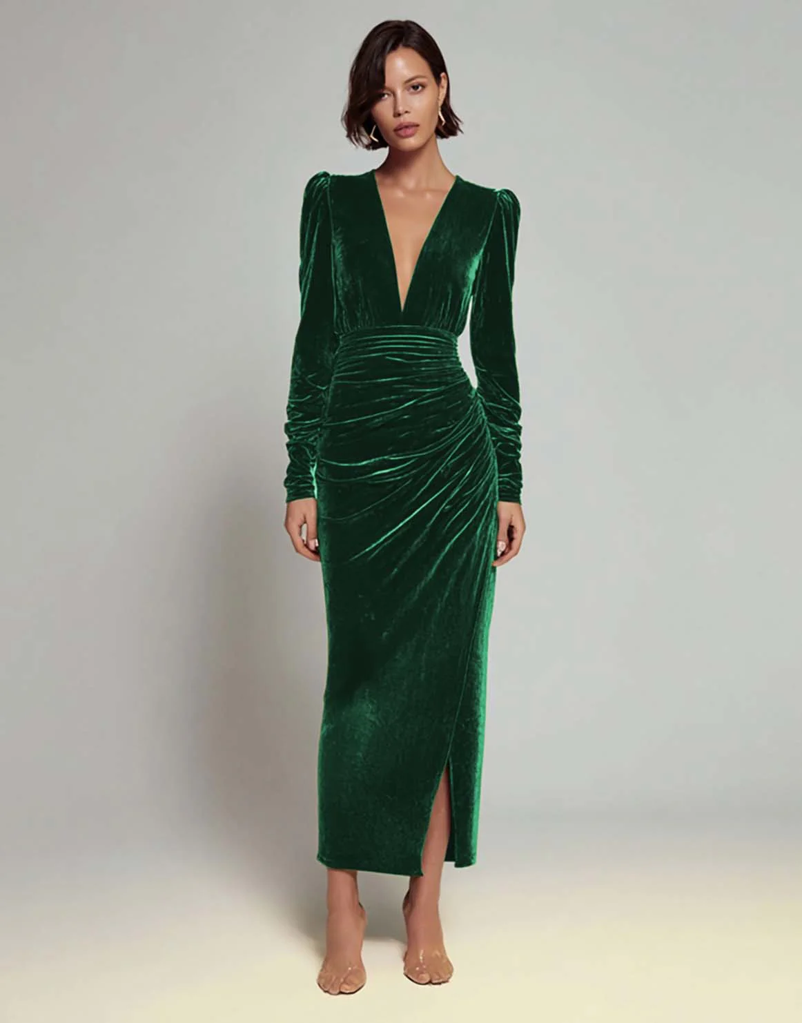 Olive Sheath Velvet Deep V-Neck Long Holiday Party Dress with Sleeves - JUORTHO