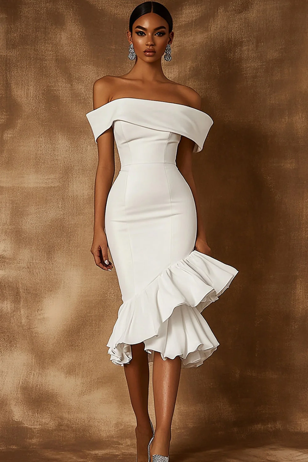 White Satin Off the Shoulder Midi Engagement Dress with Ruffles - JUORTHO