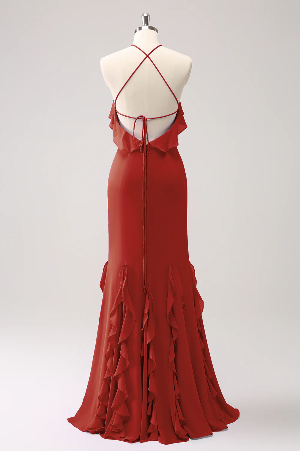 Tahiti Mermaid Halter Chiffon Long Bridesmaid Dress with Ruffles - JUORTHO