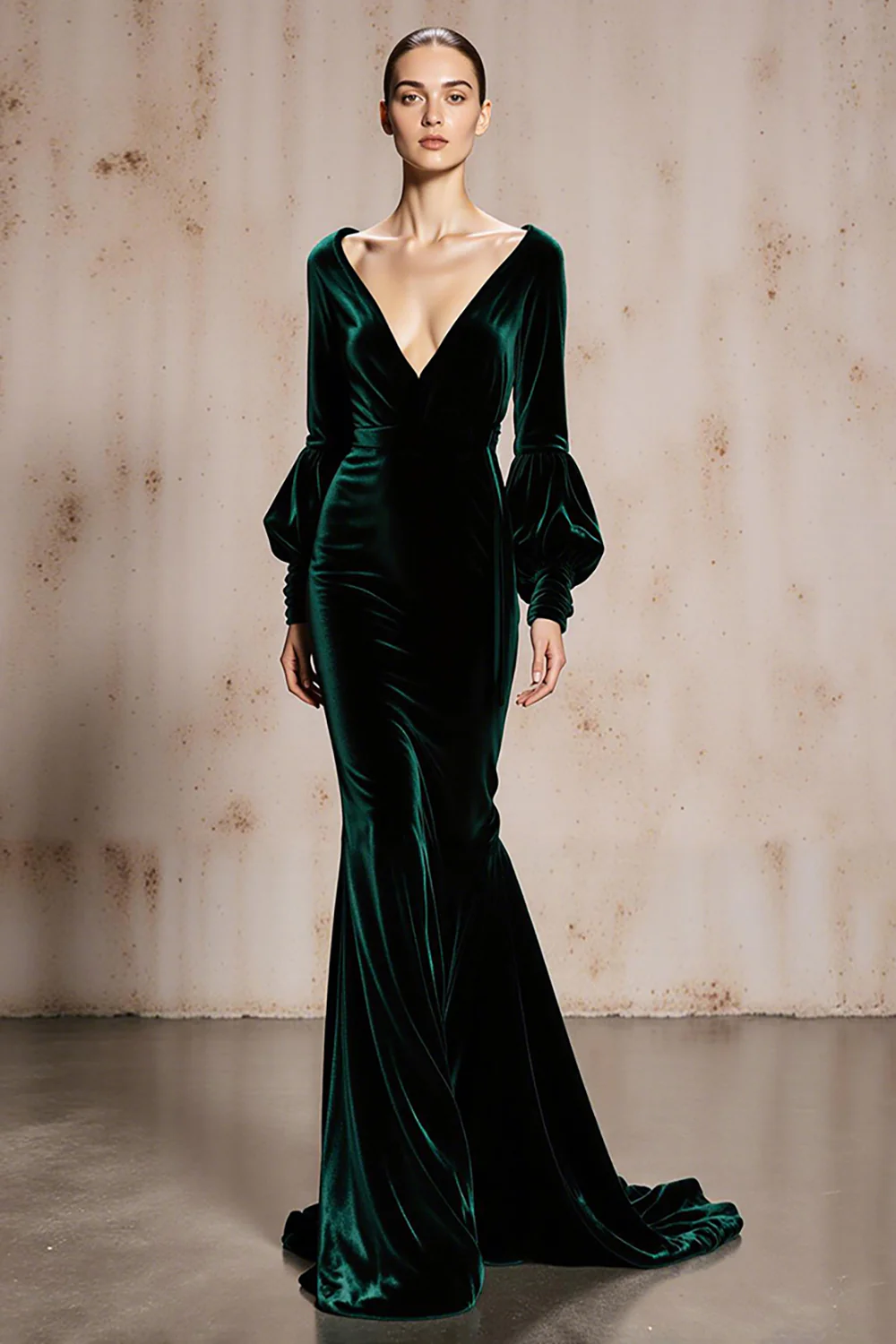 Dark Green Velvet Mermaid V-Neck Long Sleeves Holiday Party Dress - JUORTHO