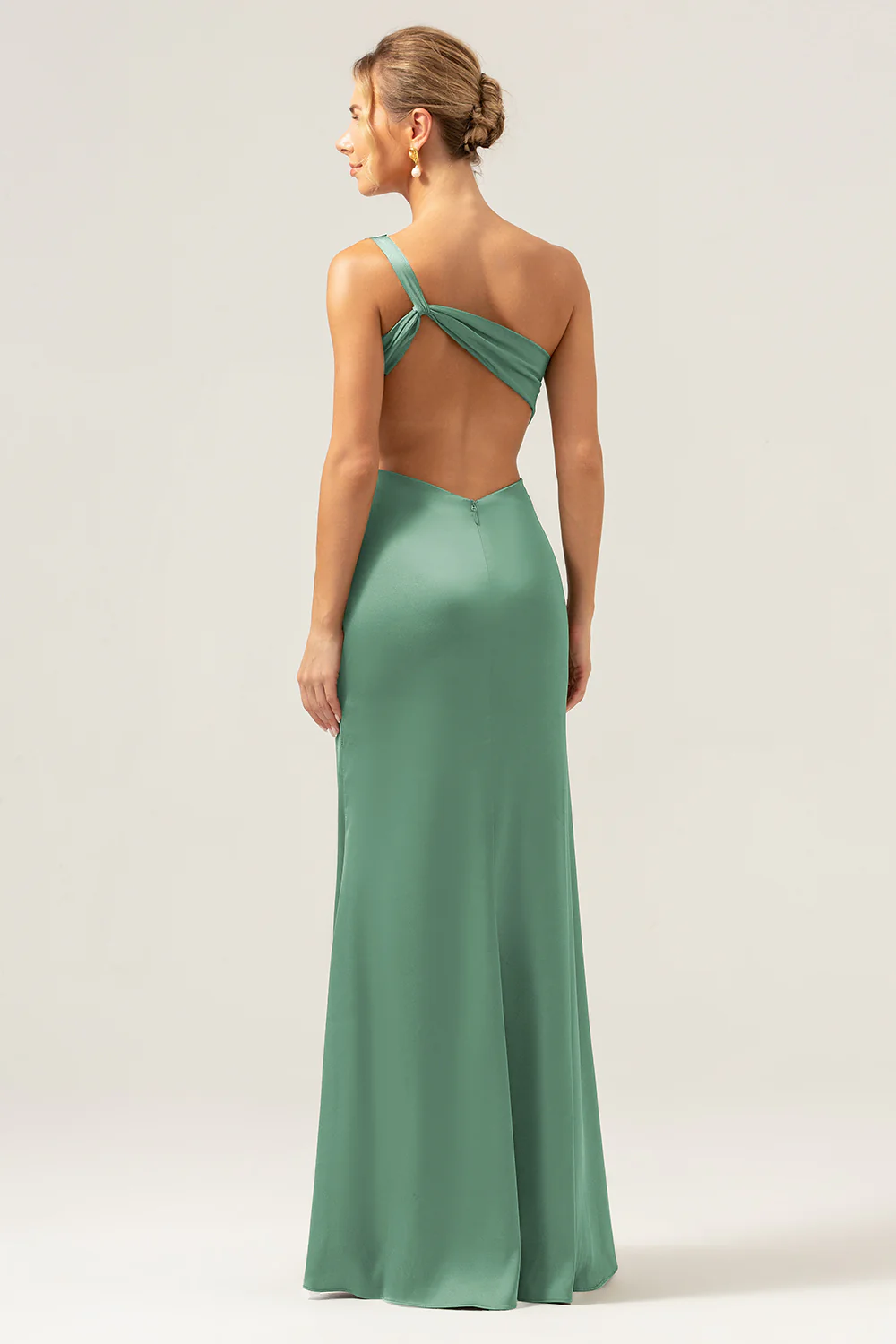 Olive One Shoulder Mermaid Satin Long Bridesmaid Dress with Slit - JUORTHO