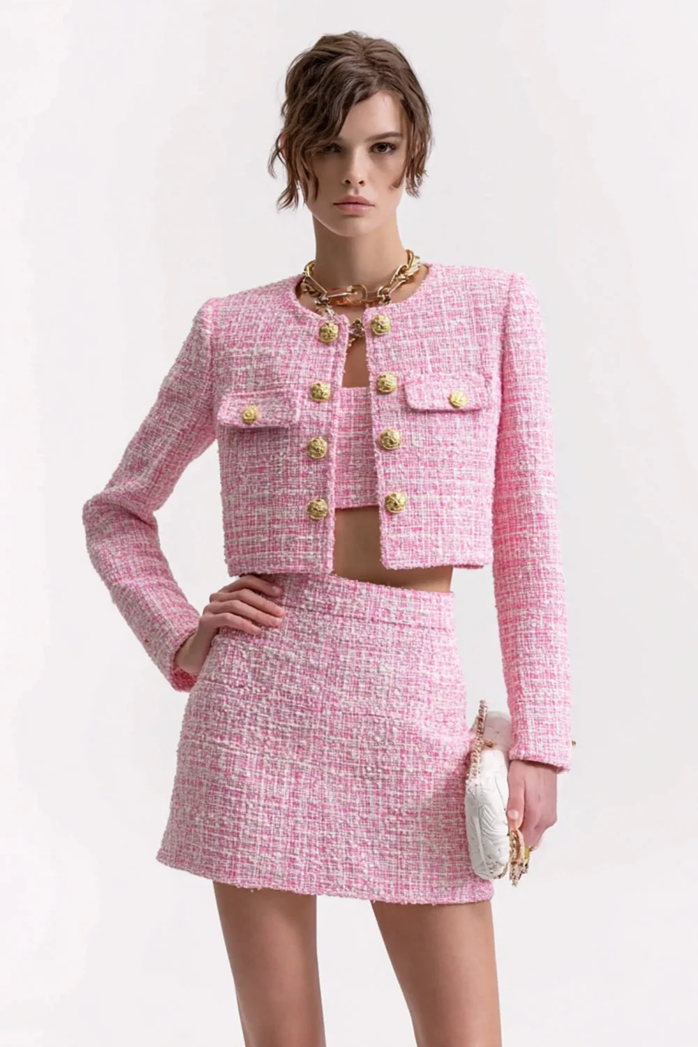 3 Piece Pink Tweed Short Blazer Homecoming Outfits with Pockets - JUORTHO