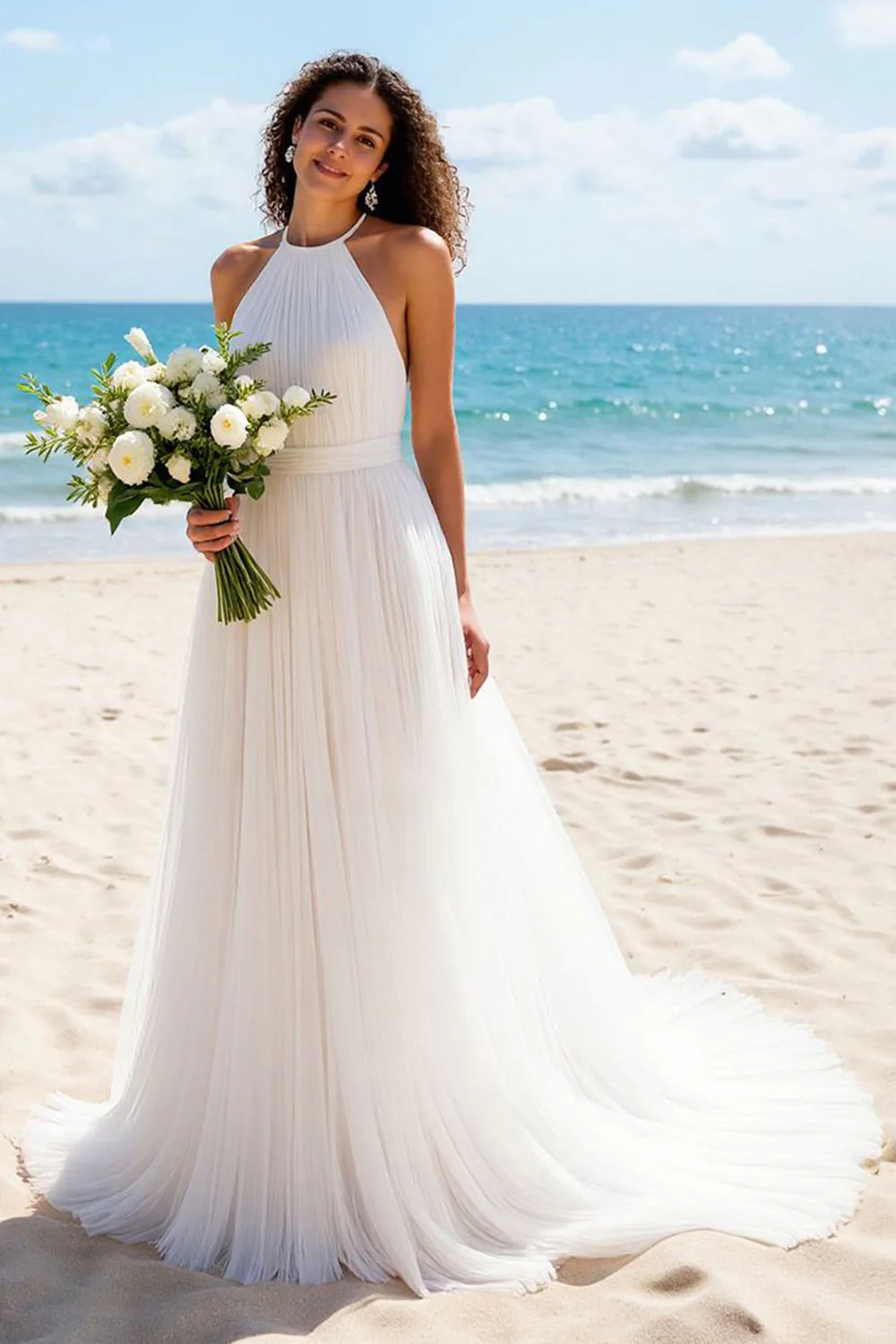 Ivory A Line Tulle Halter Backless Sweep Train Wedding Dress - JUORTHO