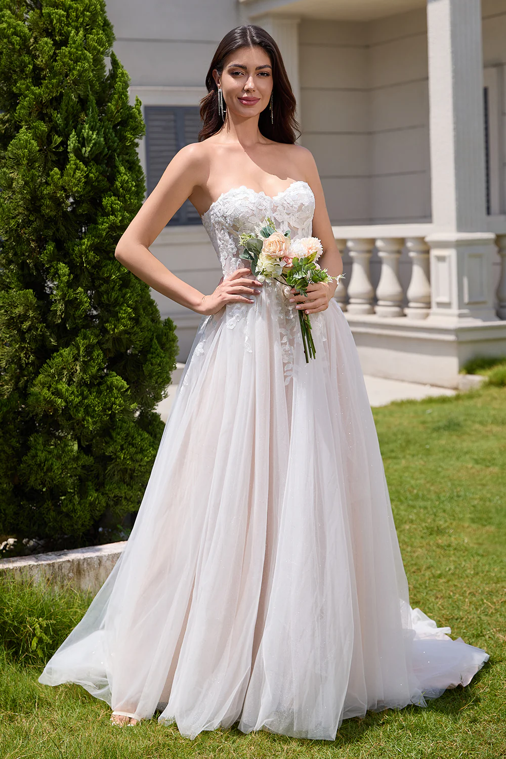White A Line Strapless Sparkly Wedding Dress with Applique Lace - JUORTHO
