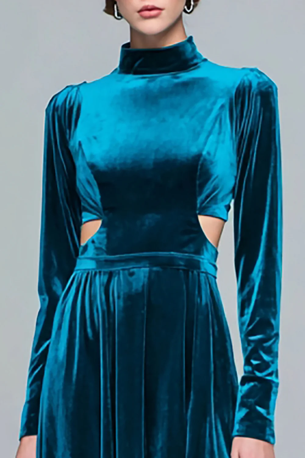 Peacock Blue Velvet Cut Out High Neck Long Sleeves Holiday Party Dress - JUORTHO
