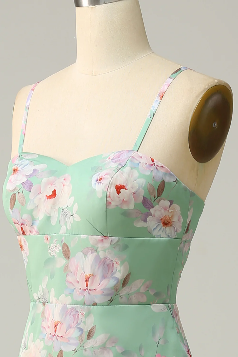 Light Green Spaghetti Straps Floral Bridesmaid Dress with Slit - JUORTHO