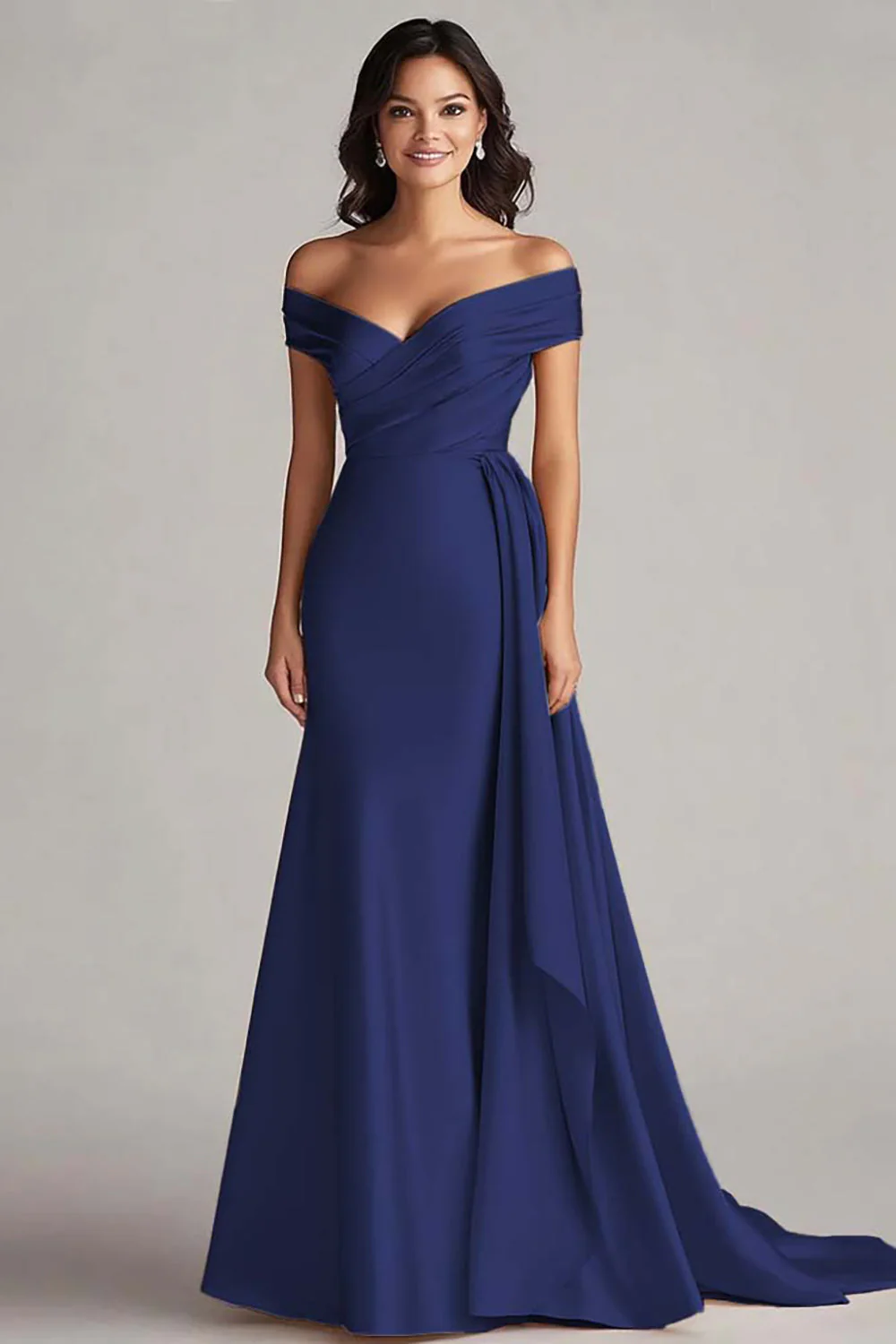 Champagne Satin Off the Shoulder Mermaid Long Formal Dress - JUORTHO
