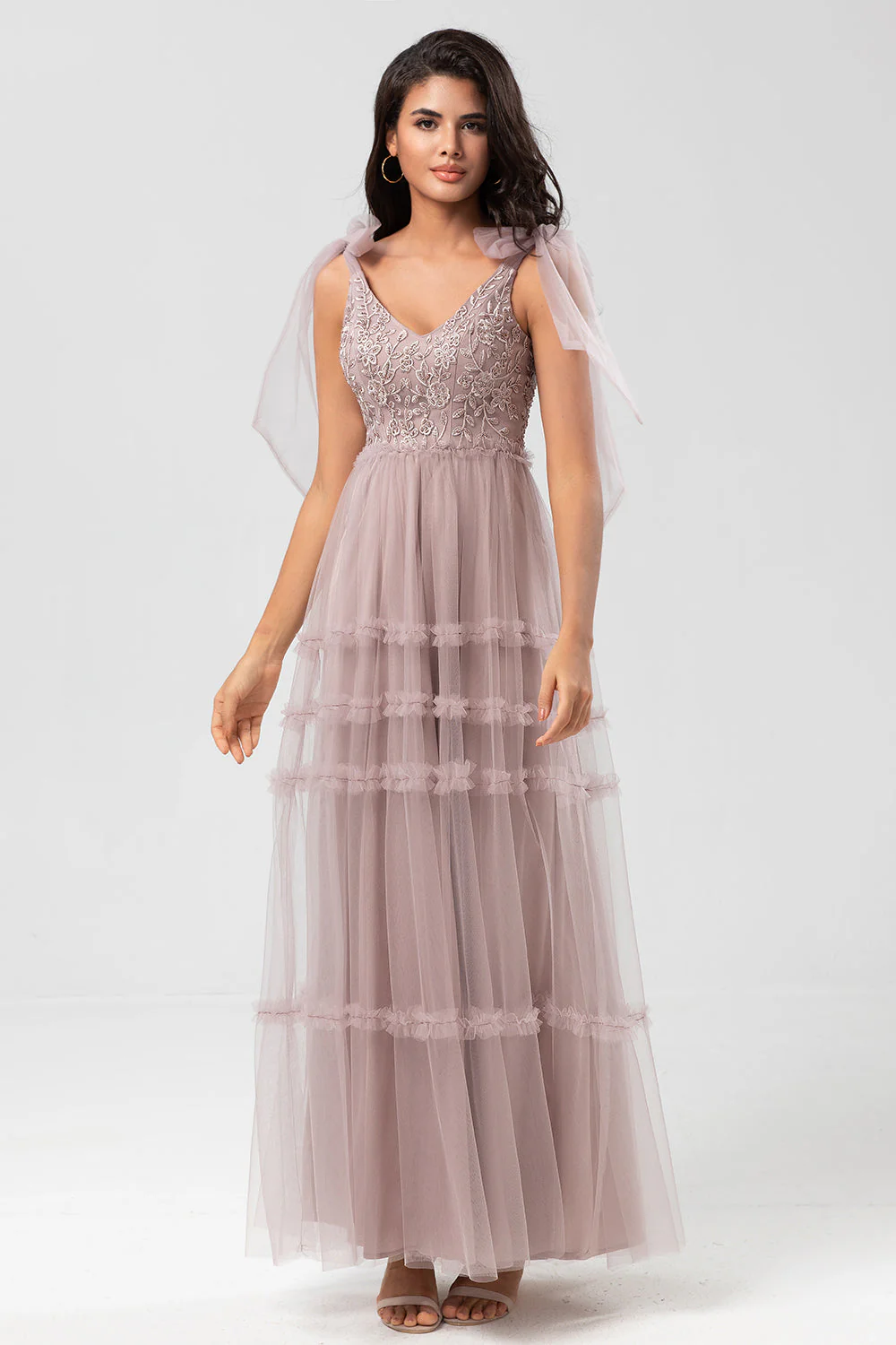 Keeper of My Heart A-Line V Neck Dusty Pink Long Bridesmaid Dress with Beading - JUORTHO
