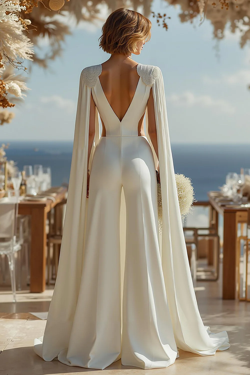 Ivory Deep V-Neck Cut Out Bridal Jumpsuits with Cape - JUORTHO