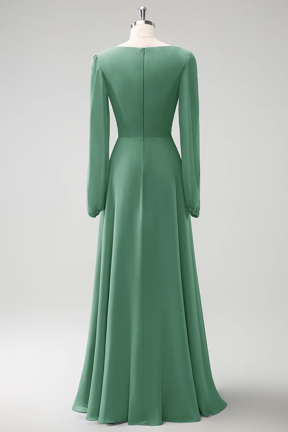 A Line Grey Blue V-Nack Chiffon Bridesmaid Dress with Long Sleeves - JUORTHO