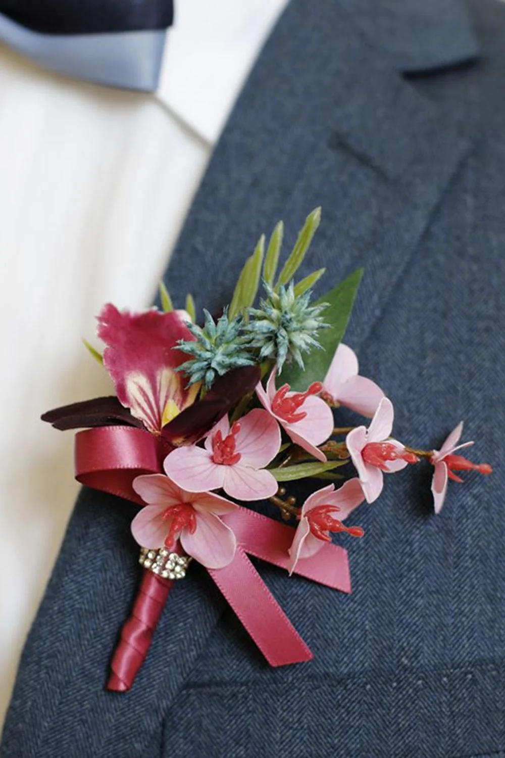 Burgundy Prom Wrist Corsage and Men‘s Boutonniere with Pearls - JUORTHO