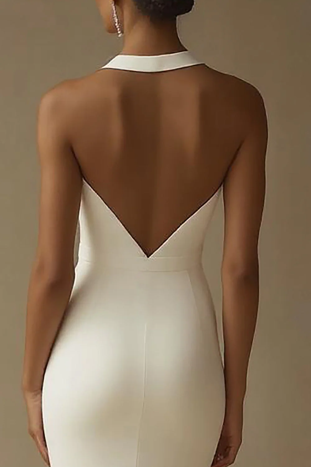 White Mermaid Halter Long Rehearsal Dinner Dress with Slit - JUORTHO