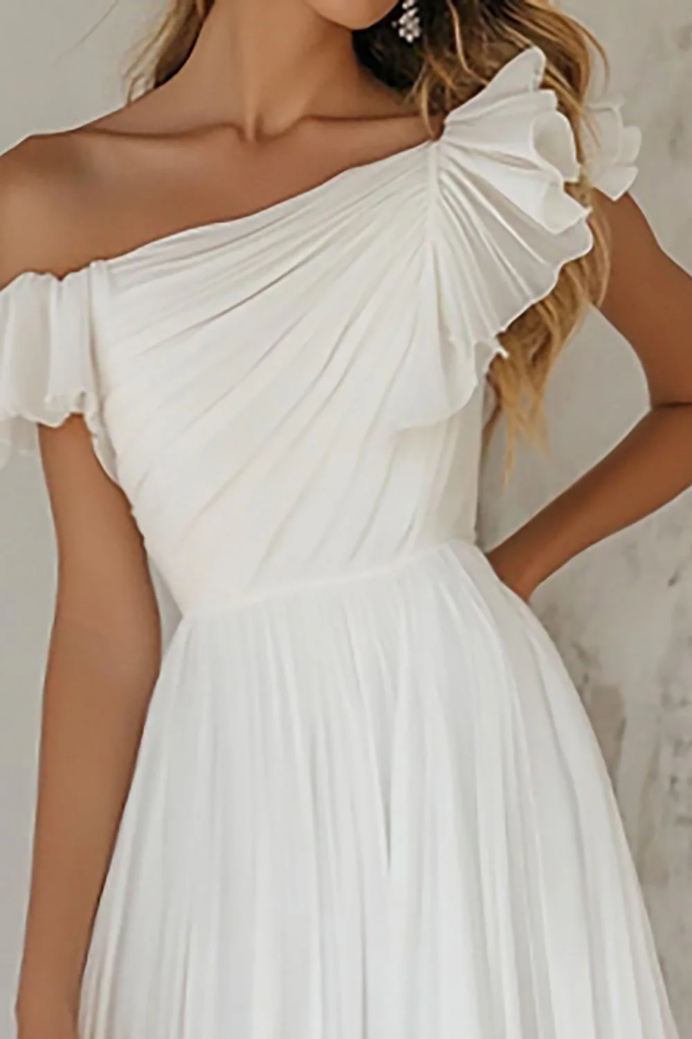 A Line Elegant White Tulle Rehearsal Dinner Dress with Ruffles - JUORTHO