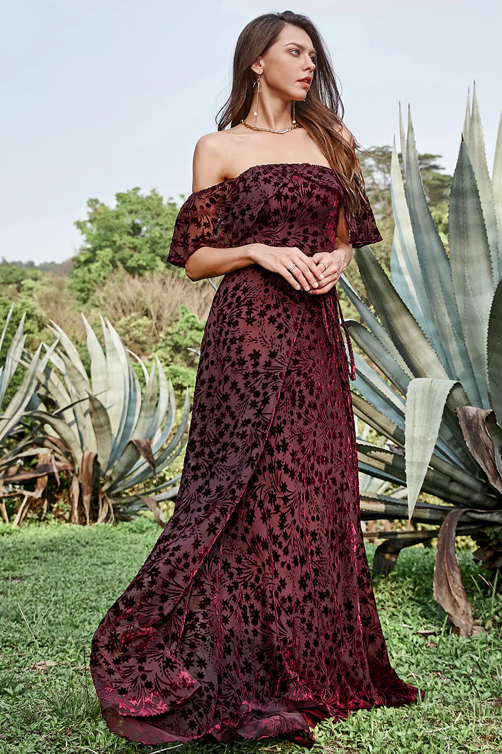 A Line Off the Shoulder Burgundy Long Prom Dress with Belt - JUORTHO