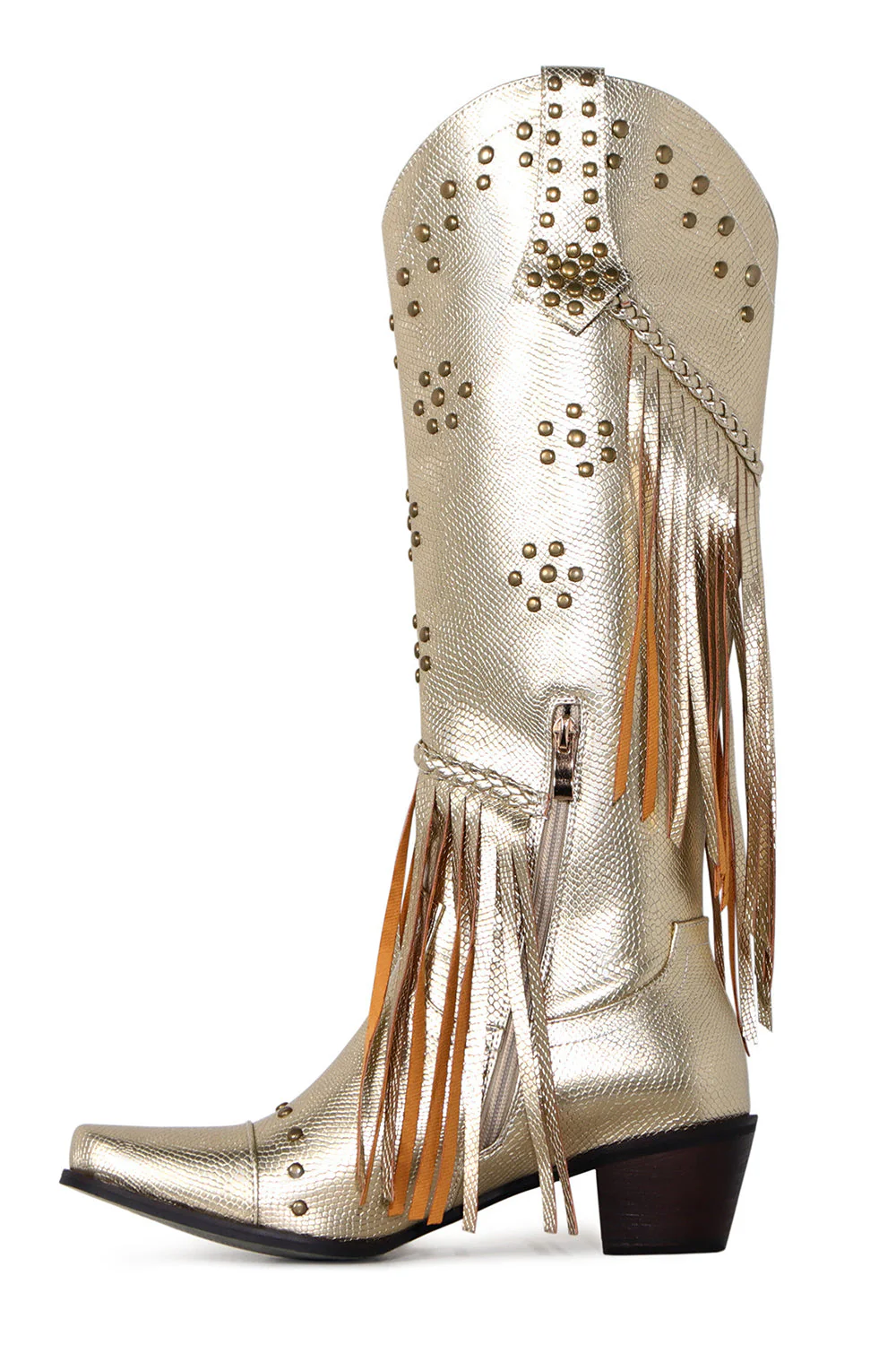 Women's Black Beaded Fringes Pointed Toe Chunky Hell Boots - JUORTHO