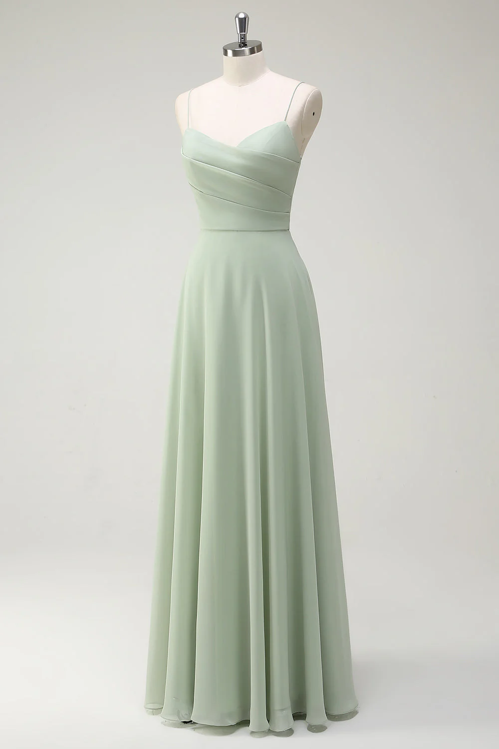 Dusty Sage A Line Chiffon Spaghetti Straps Long Bridesmaid Dress - JUORTHO