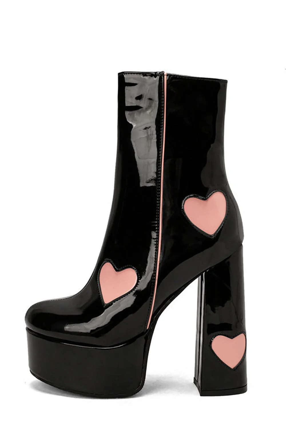 Black PU Leather Platform Chunky Block High Heel Boots with Pink Hearts - JUORTHO
