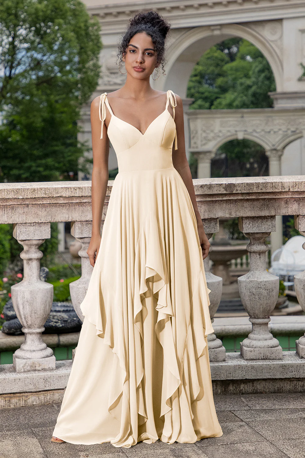 Matcha A Line Spaghetti Straps Long Bridesmaid Dress with Ruffles - JUORTHO