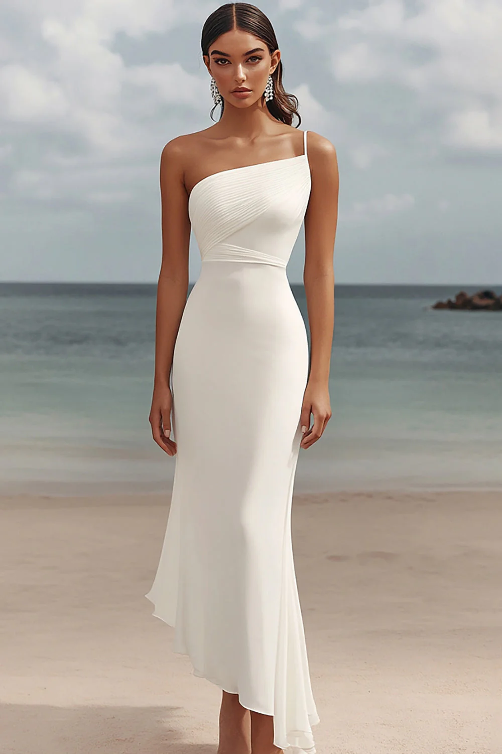 White Chiffon Sheath Bodycon Long Rehearsal Dinner Dress - JUORTHO