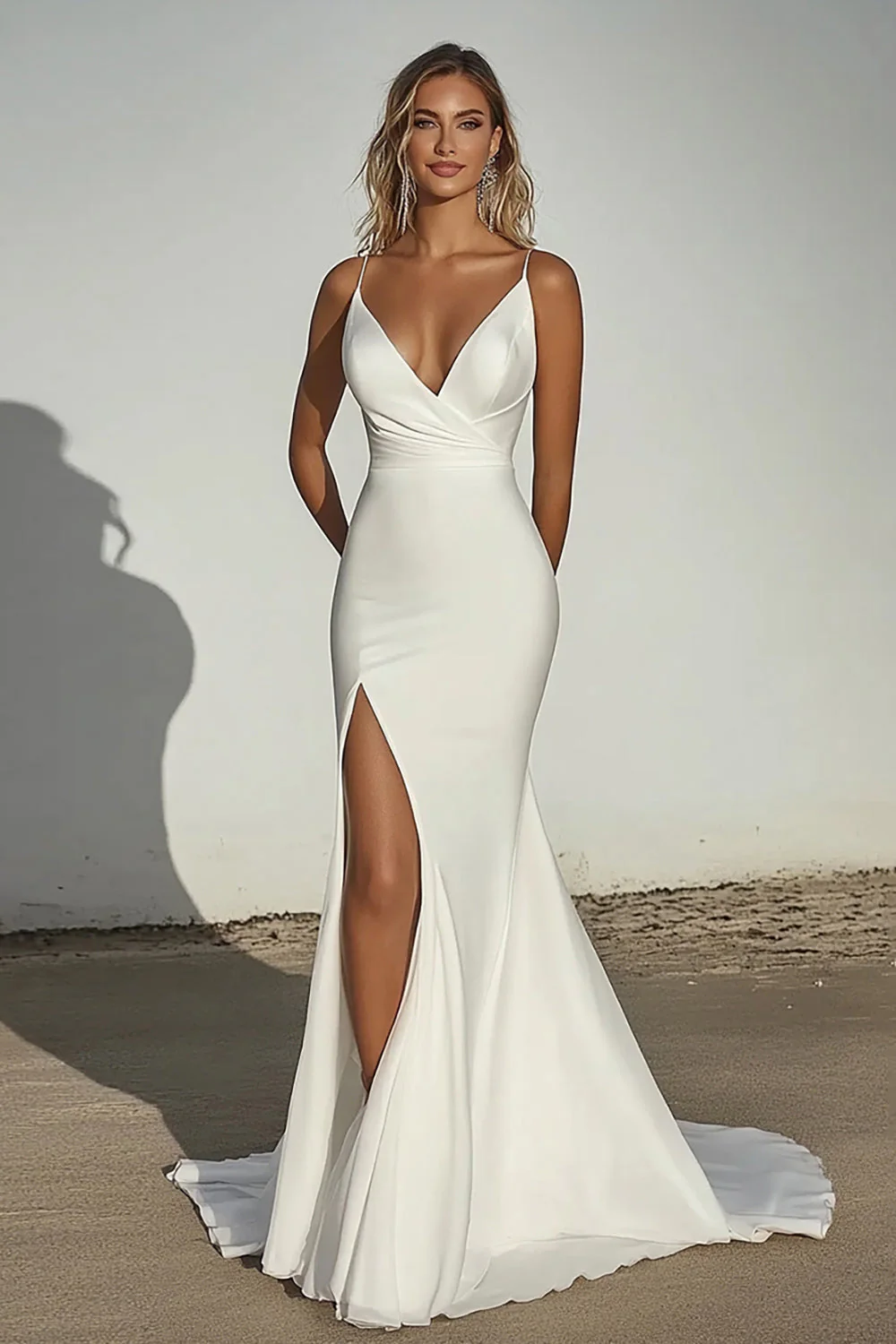 Elegant Ivory Off the Shoulder Satin Mermaid Ruched Long Wedding Dress with Slit - JUORTHO