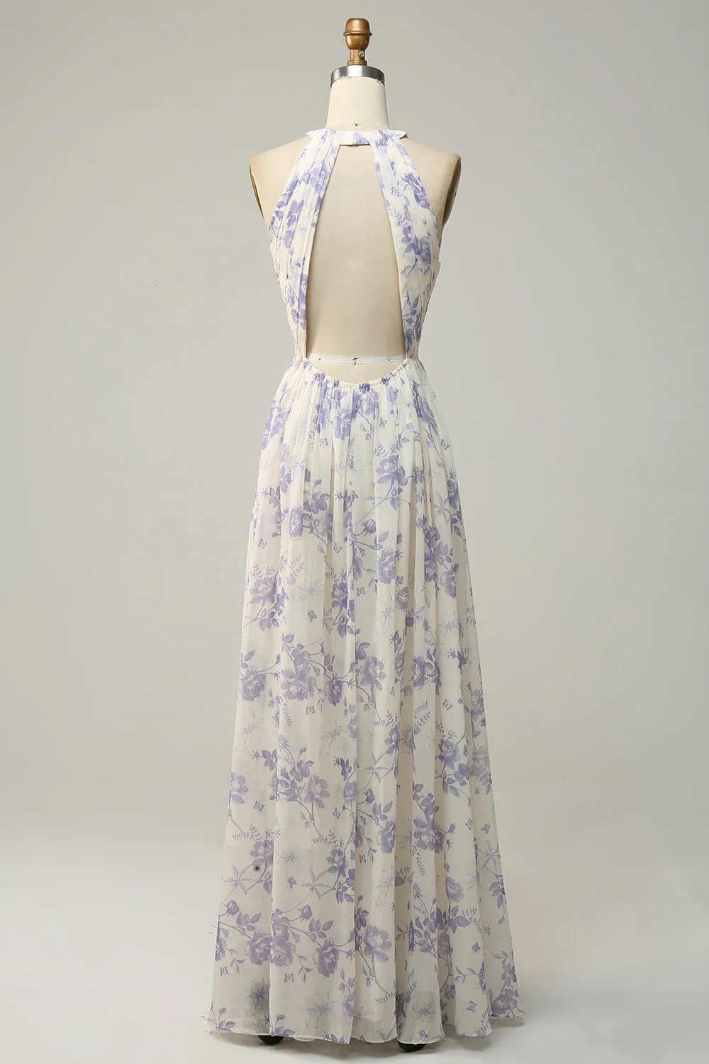 Blue Floral Boho Long Chiffon Bridesmaid Dress - JUORTHO