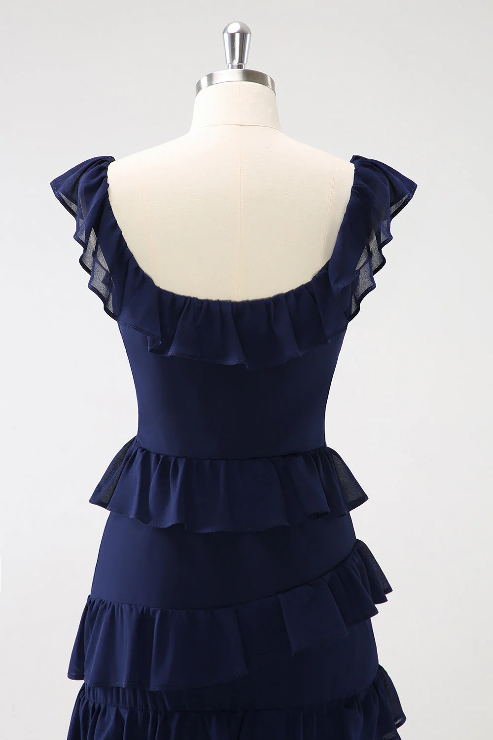 Dark Navy A-Line Tiered Chiffon Long Bridesmaid Dress - JUORTHO
