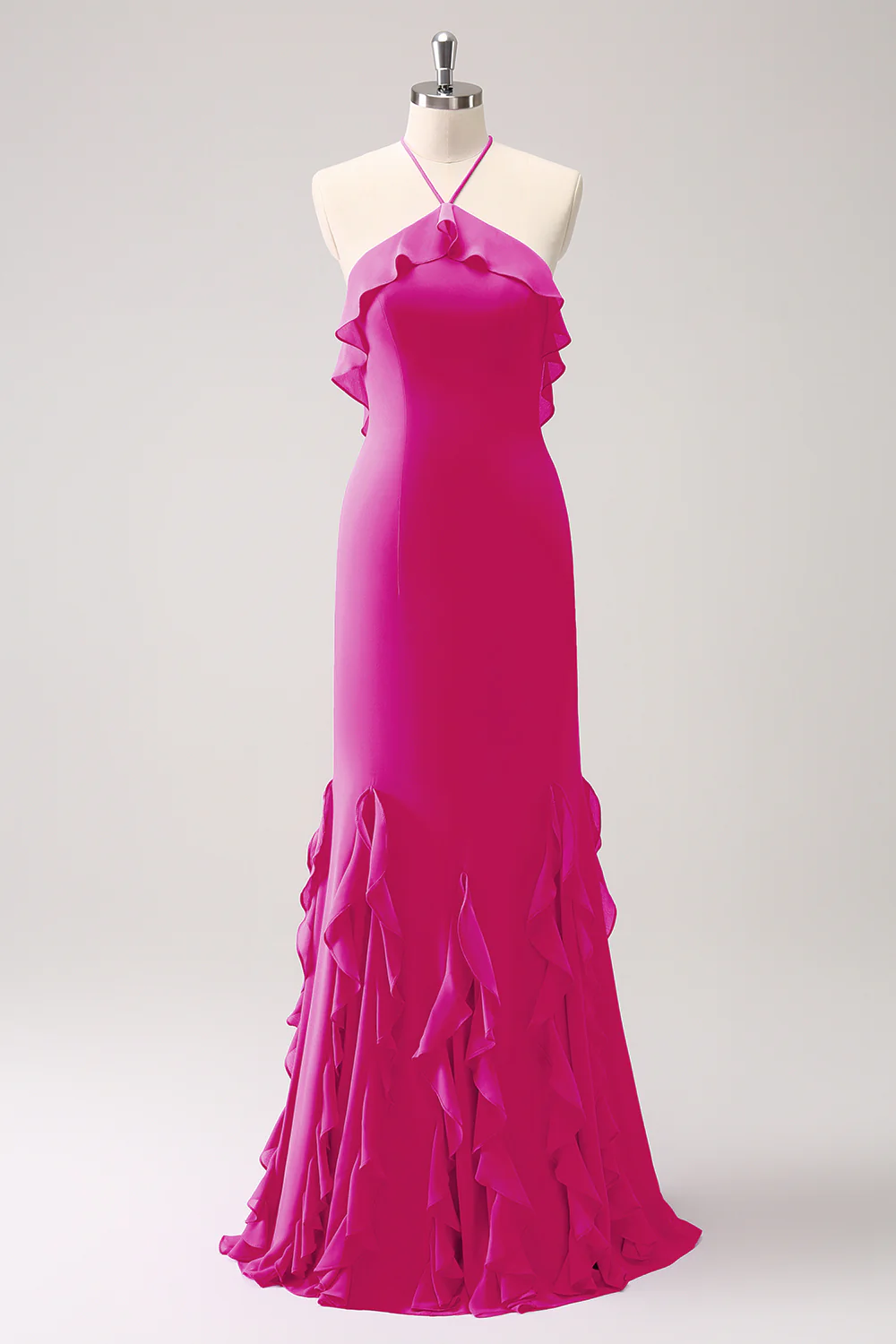 Tahiti Mermaid Halter Chiffon Long Bridesmaid Dress with Ruffles - JUORTHO