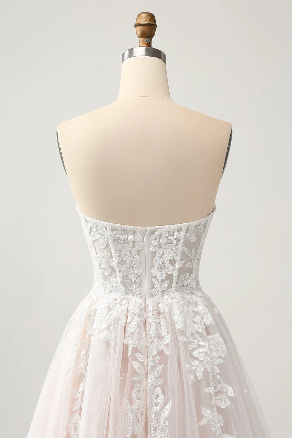 White A Line Sweetheart Sparkly Wedding Dress with Applique Lace - JUORTHO