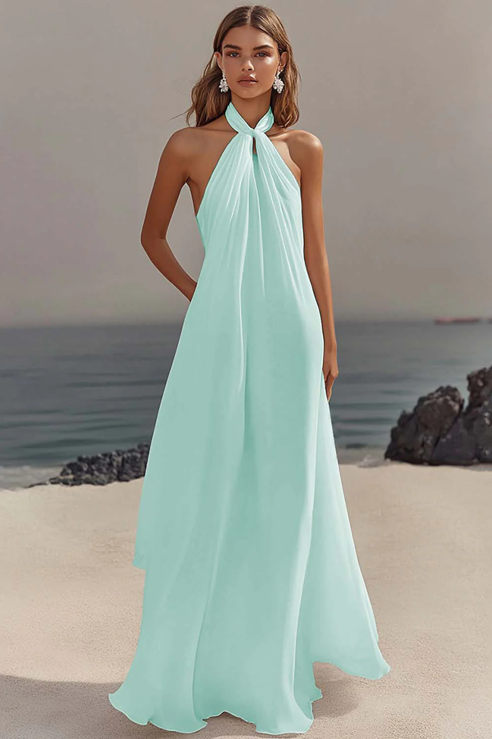 Chiffon White A Line Halter Long Rehearsal Dinner Dress - JUORTHO