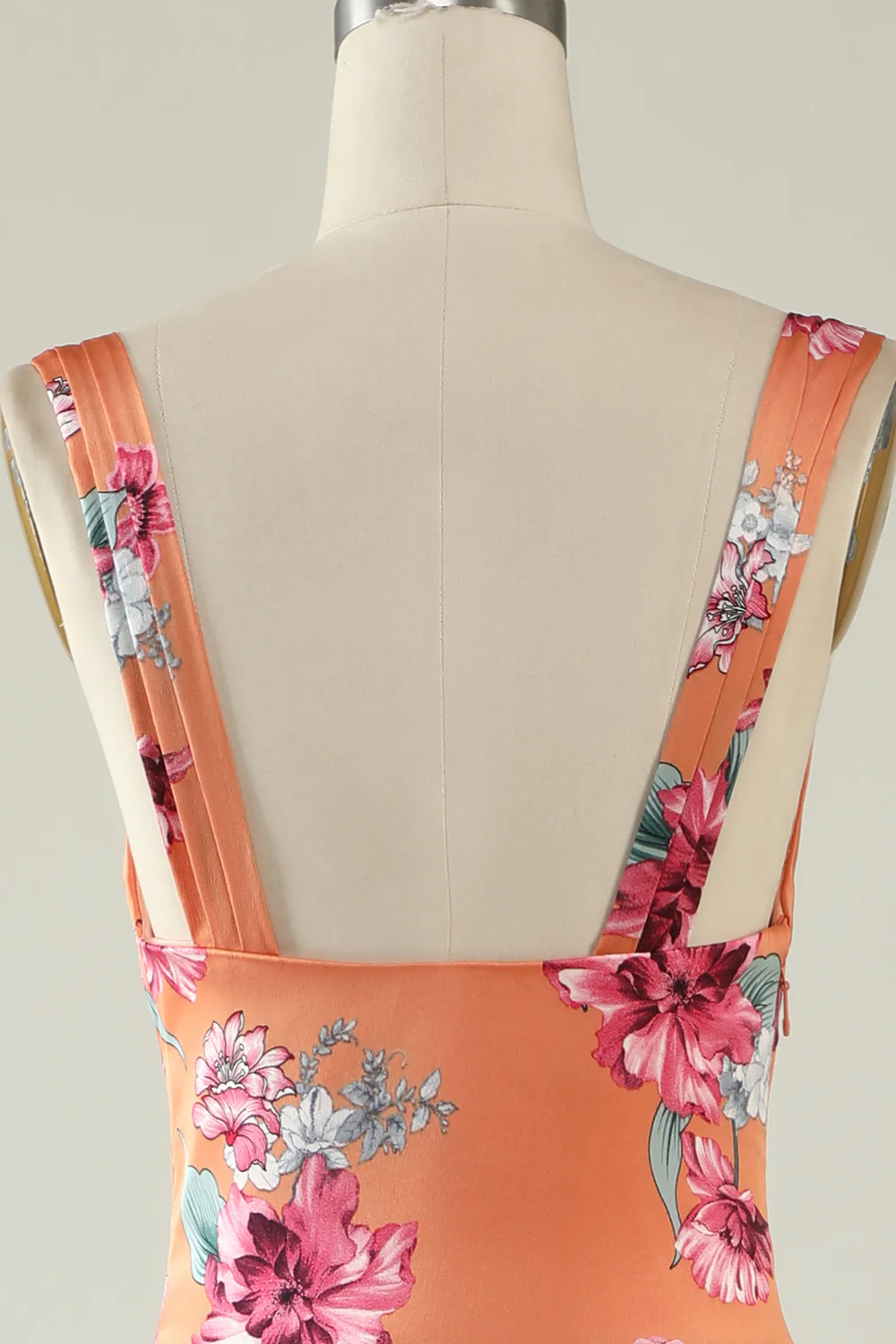 Orange Flower Printed Satin Bridesmaid Dress - JUORTHO