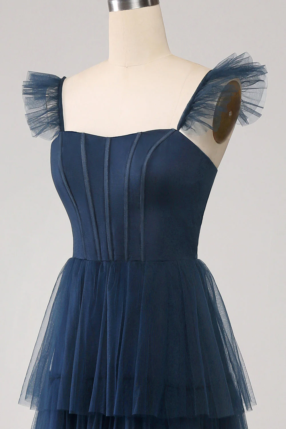 Navy Tulle Navy A Line Tiered Corset Bridesmaid Dress with Slit - JUORTHO