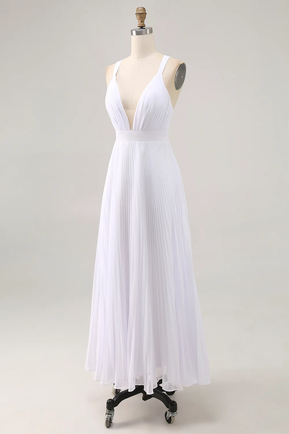 White A Line Chiffon V Neck Long Engagement Dress with Pleats - JUORTHO