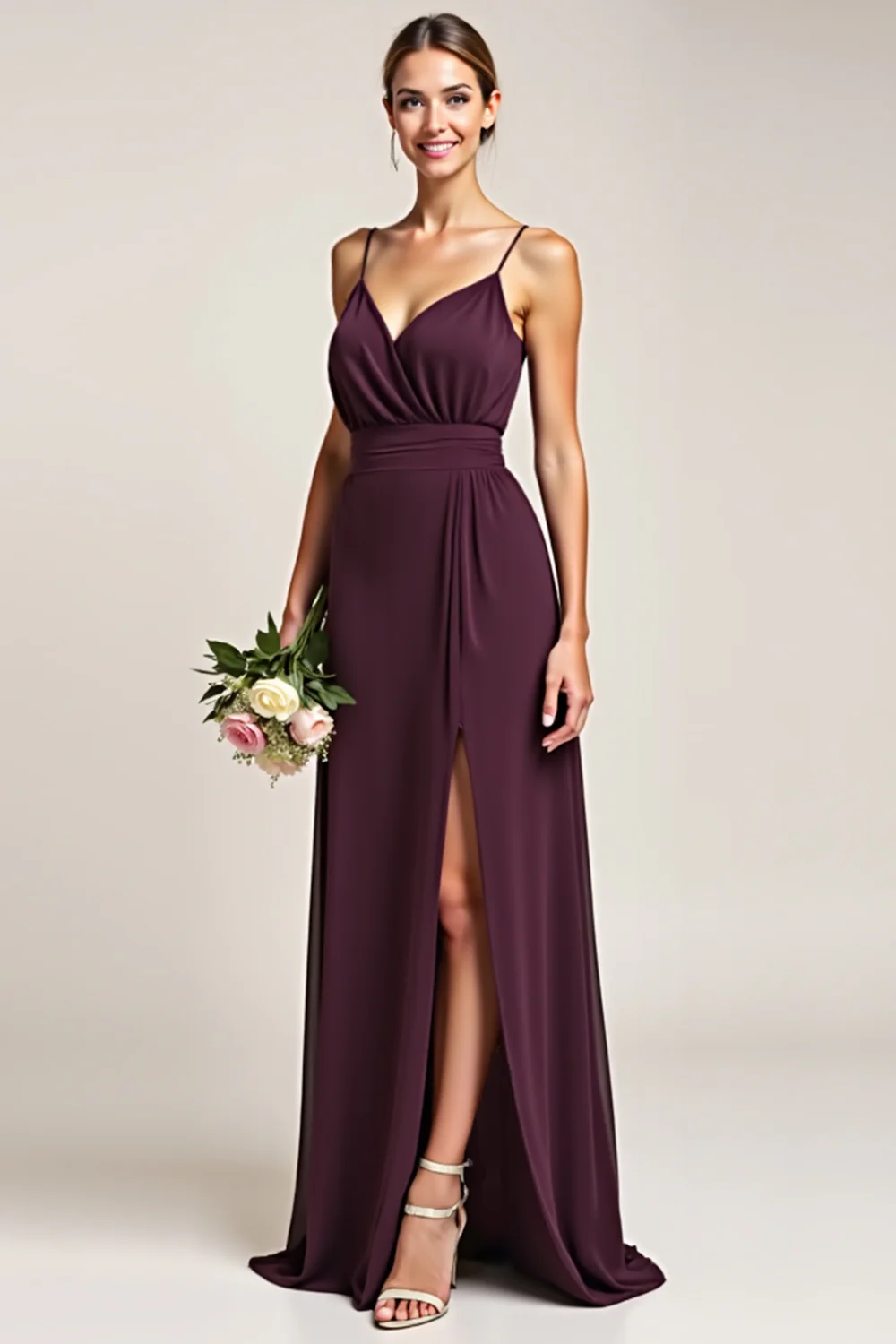Purple A Line Backless Long Bridesmaid Dress with Slit - JUORTHO