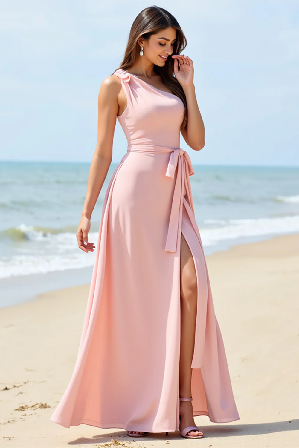 One Shoulder Candy Pink Chiffon Boho Long Bridesmaid Dress with Slit - JUORTHO