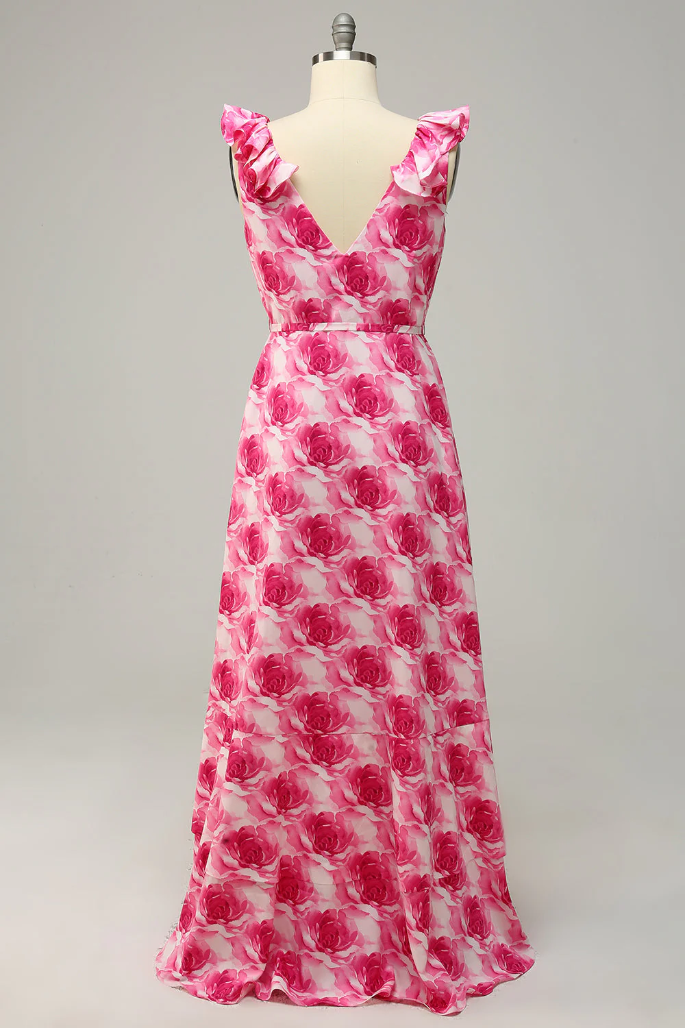 Plus Size High Low Pink Flower Printed Bridesmaid Dress with Ruffles - JUORTHO