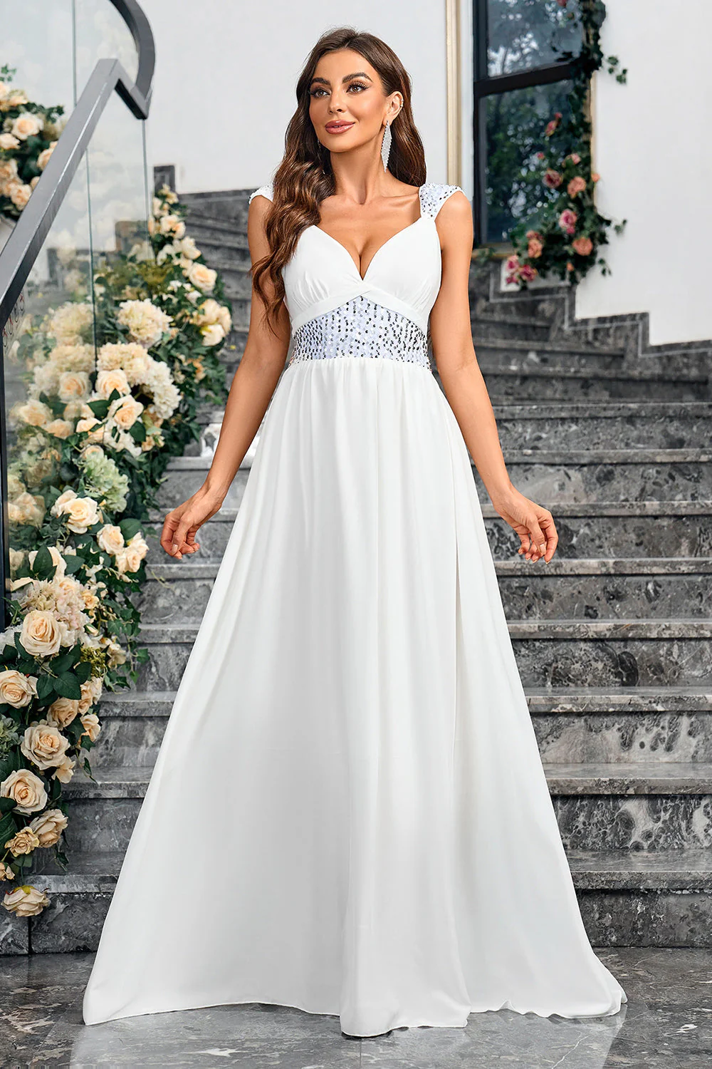 White A Line Spaghetti Straps Sequin Long Party Dress - JUORTHO